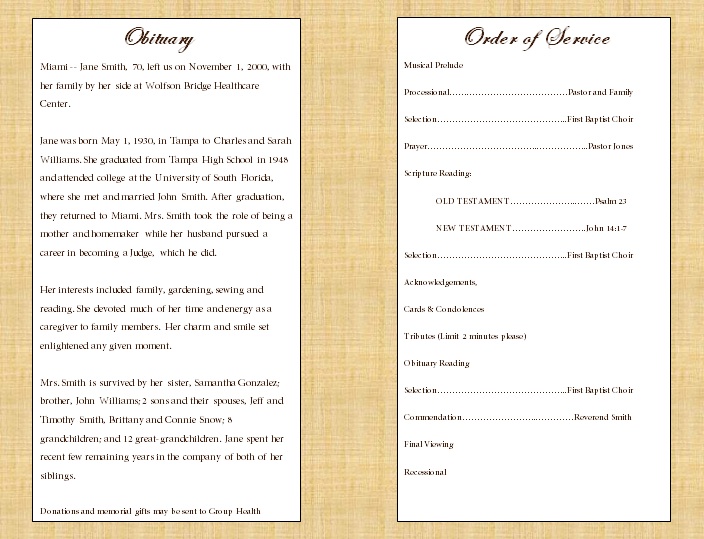 Order Of Funeral Services Template